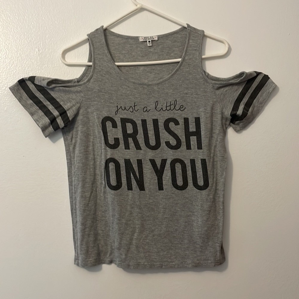 Messy bun just chillin lg gray t shirt just a little crush on you open shoulder